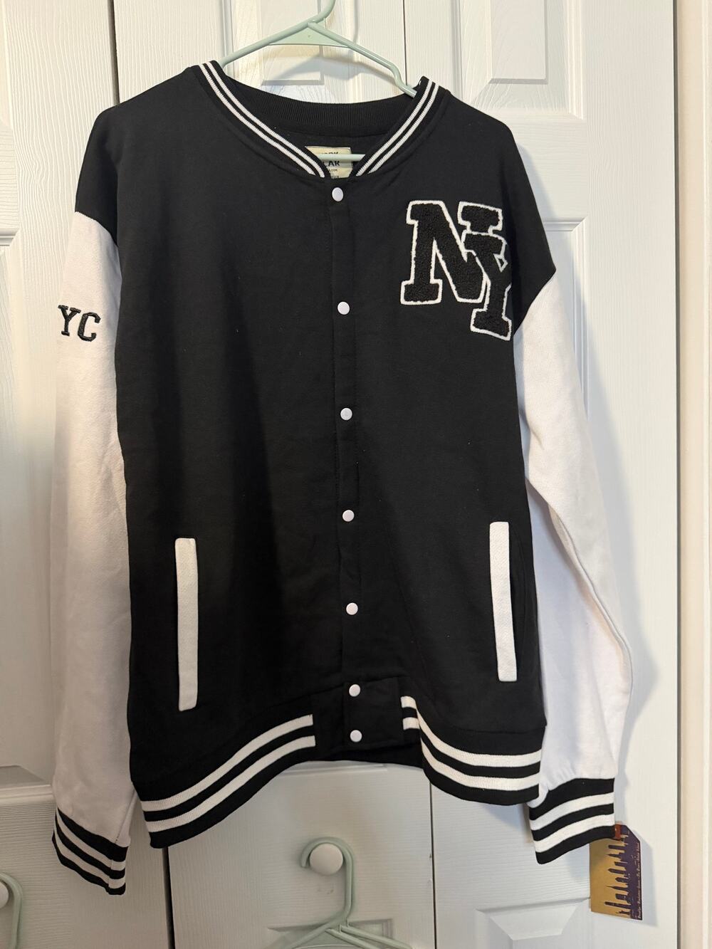 Vintage Retro NY Black & White Varsity Jacket Snap Button Baseball Bomber